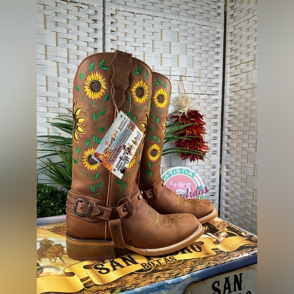 San Pedro Botas Shoes Nwt Womens Mexican Leather Boots Sunflowers Embroidered Boots 65